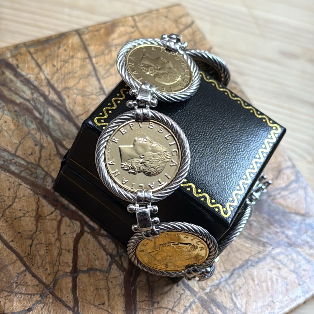 925 Sterling Silver 2-Tone Vintage 1981 Italy 20 Lire Bronzital Coin Bracelet - Picture 6 of 9